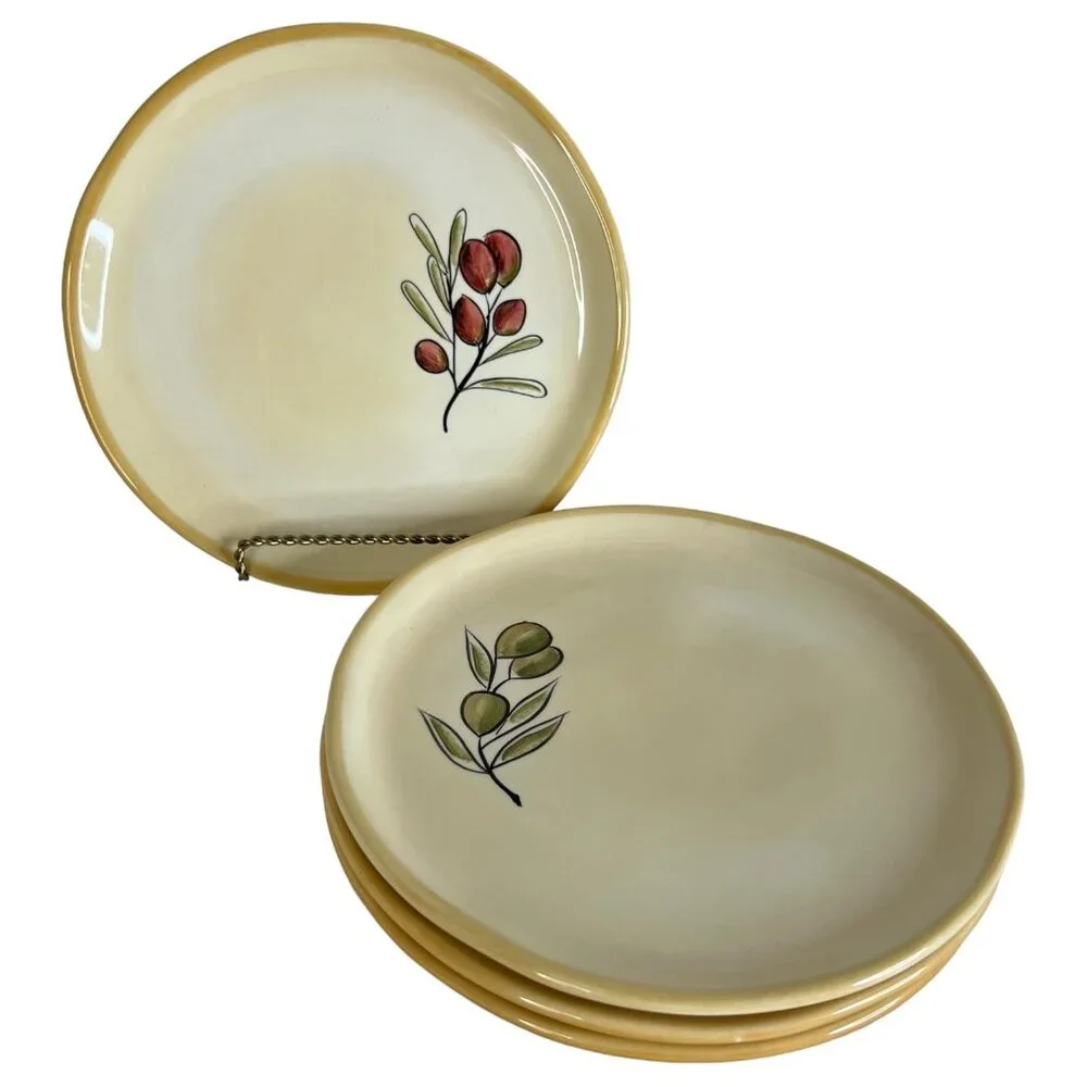4 Pottery Barn Rustic Olive Salad Side Plates Complete Set Ceramic 8 Inch Cream